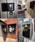 Heavy Duty EV Charger Wall Box Featuring Straight Up Dual Lock Security And All Weather Shell Designed For Tesla Charging Cables Mounted on exterior walls.