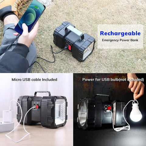 Beast Mode Ultra Bright Rechargeable Spotlight Flashlight 20000mAh 4000LM charging phone and powering USB bulb.