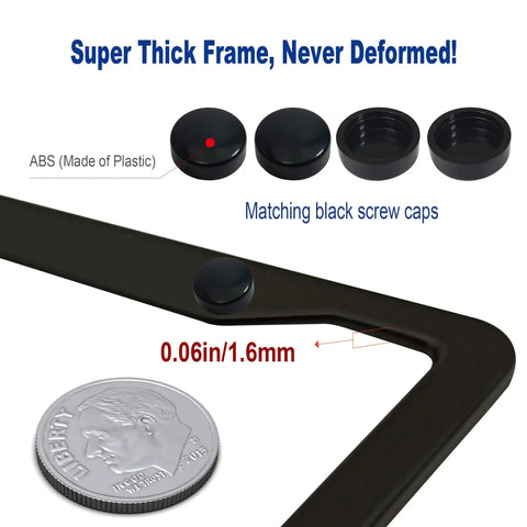 Close-up of matte black aluminum license plate frame corner with matching black screw caps and comparison to coin thickness.