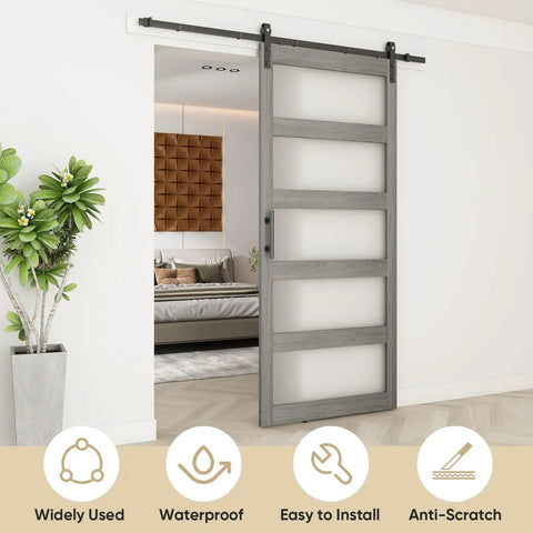 Built Tough Frosted Glass Barn Door 48 By 96 Inches With Heavy Duty Eight Foot Sliding Track Hardware Kit In Gray For Easy Slide Interior Room Divider in stylish interior.