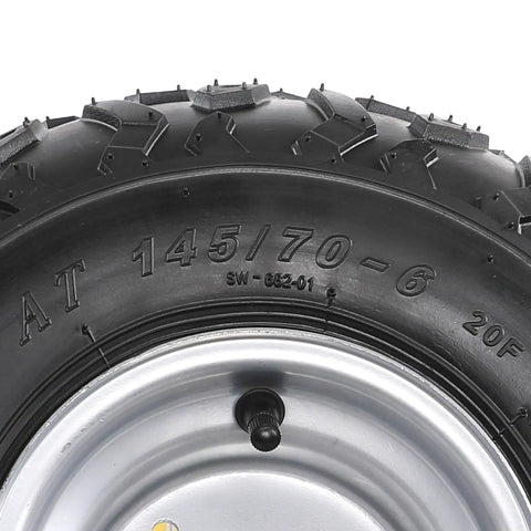 Image of 2 Pack Premounted 145 70 6 Tires With Rims 6 Inch Wheels showcasing tread pattern and valve stem.
