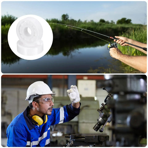 Rock Solid Full Ceramic Bearings 2 Pack 608 Zirconia Ball Bearings 8X22X7mm shown in use by a technician and a fisherman.