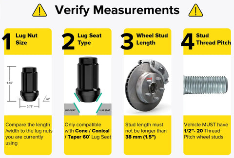 Verify measurements for Heavy Duty Spline Drive Lug Nuts Built Tough For Zero Drama Rides 1/2X20 1.4 Inch size and fitting.