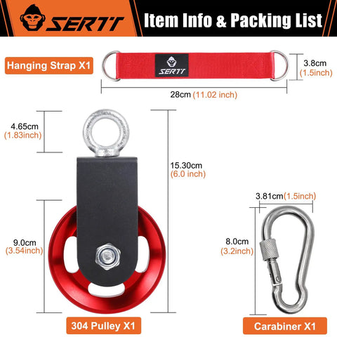 Rock Solid 90mm Aluminum Cable Pulley Wheel For Home Gym Systems Upgrade with hanging strap and carabiner, compact design.