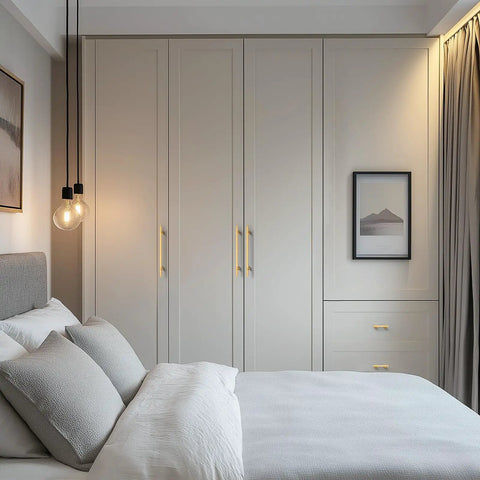 Level Up Your Home With These Slick Gold Cabinet Pulls Packed In A 30 Pack Set With 8 Inch Center To Center Spacing Crafted From Heavy Duty Stainless Steel Perfect For Kitchen Islands And Bathroom Vanity Updates displayed on a modern bedroom wardrobe.