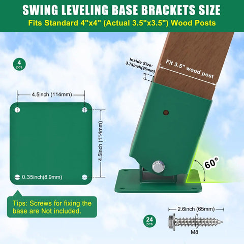A Frame Swing Set Brackets Kit With Four Adjustable Base Brackets For Uneven Ground Heavy Duty Swingset Hardware For 4x4 Legs And 4x6 Beam DIY End Bracket System In Green