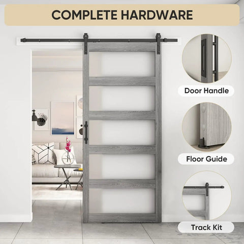 Built Tough Frosted Glass Barn Door 48 By 96 Inches With Heavy Duty Eight Foot Sliding Track Hardware Kit In Gray For Easy Slide Interior Room Divider complete hardware display