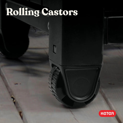Close-up of rolling castors on Wood Look Outdoor Entertainment Cart With 78 Gallon Storage, Stainless Steel Top For BBQ Prep.