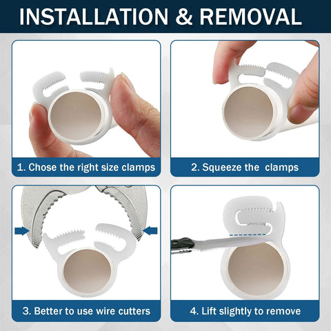 Instructional steps for using Twenty Piece Heavy Duty Double Snap Grip Nylon Hose Clamps Set With Ratcheting Adjustable Clamps