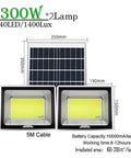 Heavy Duty Led Solar Floodlight With No Fuss Remote Control Waterproof Outdoor Security Light Automatic Motion Sensor For Yard And Driveway glossy solar panel and two floodlights displayed with dimensions.