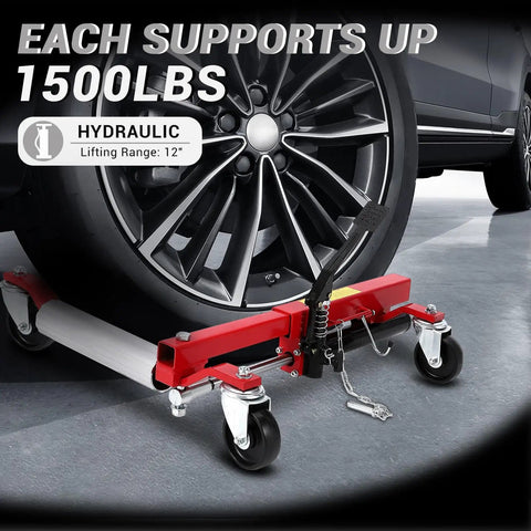 Heavy Duty Wheel Dolly Jack Set with Hydraulic Tire Lift and Aluminum Twin Rollers Foot Pump Action for Rock Solid Garage Shifts Tough as Nails 1500 Pound Capacity, hydraulic lift under car tire.