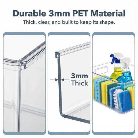 Close-up of 8 Pack Modular Clear Plastic Storage Bins Set With 4 Large And 4 Narrow Nestable Space Saving Bins showcasing thick PET material