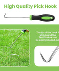 High quality pick hook with black and green handle, sharp metal tip for easily removing tent stakes from grass.