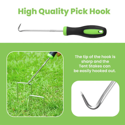 High quality pick hook with black and green handle, sharp metal tip for easily removing tent stakes from grass.