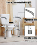 Rock Solid Free Standing Toilet Safety Rail With Quick Adjust Height And Width Settings Secure Bathroom Handrail For Aging Adults beside a toilet.