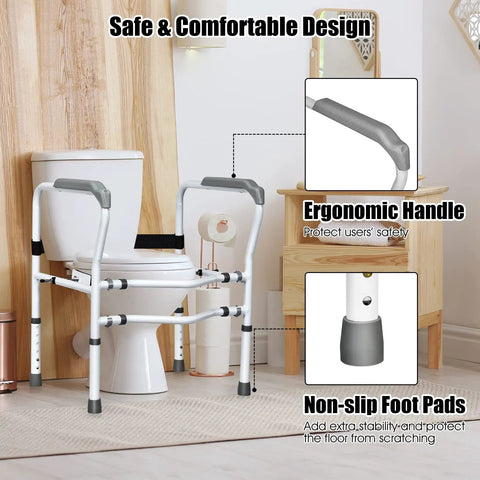 Rock Solid Free Standing Toilet Safety Rail With Quick Adjust Height And Width Settings Secure Bathroom Handrail For Aging Adults beside a toilet.
