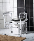 Heavy Duty Adjustable Toilet Safety Frame And Rail For Elderly Bathroom Assist With Rock Solid Non Slip Grab Bars No Drama Setup Secure Stand Alone Commode Support Rack next to a commode in a bathroom.