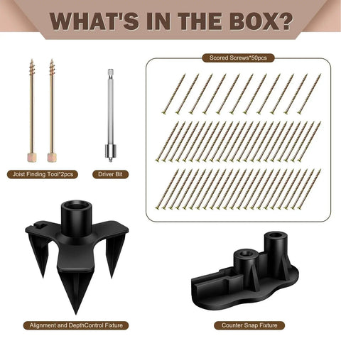 Permanent No More Squeaks Floor Repair Kit With 50 Screws And 5 Tools image showing screws and tools included in the kit.