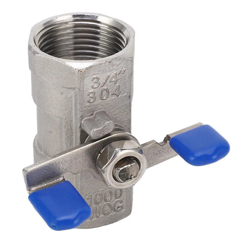 Rock Solid 3/4 Inch Stainless Steel Ball Valve With Female Thread Pipe Fitting For Water And Gas Lines, close-up view with blue handle.
