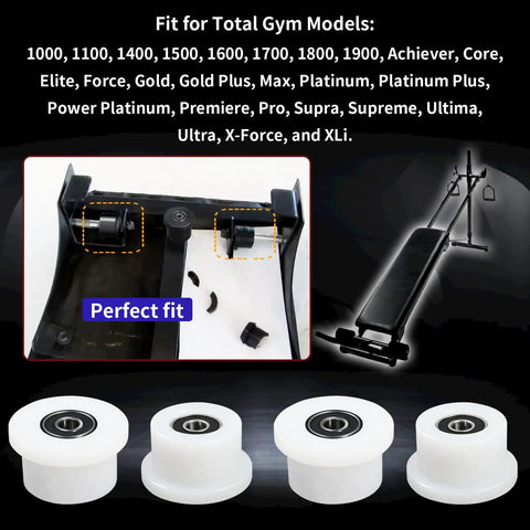 Sick Smooth Ride Machined Roller Replacement For Total Gym Home Workout Equipment Parts Bearing Upgrade Kit. Close-up of rollers fitting.