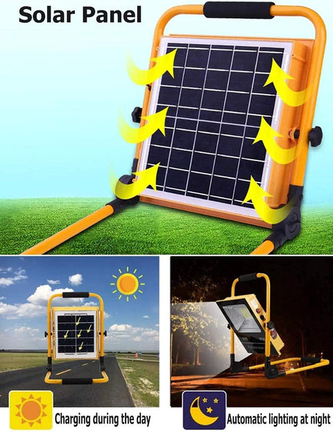Badass Portable Solar Led Flood Light With Rechargeable Battery And Ip65 Waterproof Build offers solar panel charging for automatic night illumination.