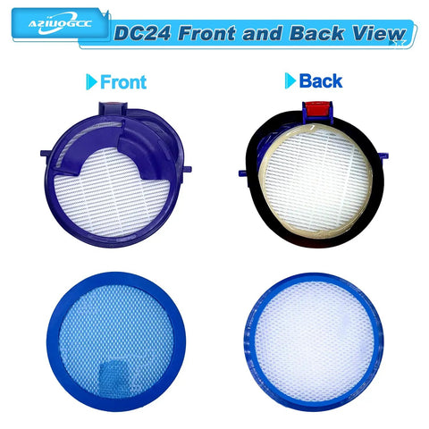 Front and back view of No Fuss Easy Install Vacuum Filter Kit Replacement For DC24 Ball Vacuum Cleaner with filters and brush