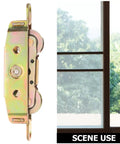 Heavy Duty Twin Roller Sliding Door And Window Pulley Replacement With Tandem Metal Wheels showing side view with window scene.