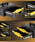 Rolling Tool Box With Wheels, 4-In-1 Modular Organizer System showing metal rails, lockable and partitioned drawers.