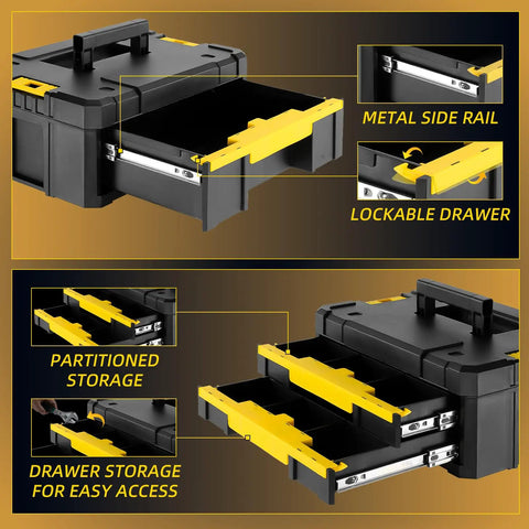 Rolling Tool Box With Wheels, 4-In-1 Modular Organizer System showing metal rails, lockable and partitioned drawers.