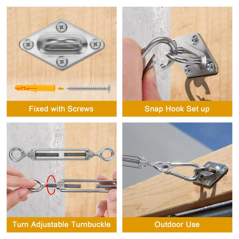 Sun Shade Sail Hardware Kit showing fixed screws, snap hook setup, adjustable turnbuckle, and outdoor use.