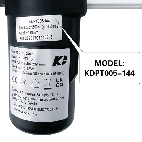 Rock Solid Heavy Duty Linear Actuator Motor Compatible With Power Recliner Lift Chairs KDPT005-144 showing specifications and model details.