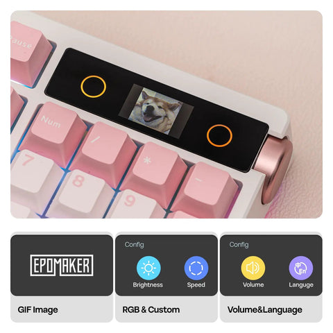 Close-up of Full Size Mechanical Keyboard With Smart Screen And Media Knob For Rgb Backlit Gaming Setups featuring a touchscreen and pink keycaps.
