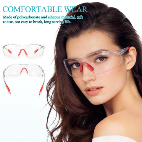 Badass Silicone Safety Glasses For Construction Work, Shatterproof Polycarbonate Lenses That Are Ridiculously Lightweight, Pack Of Four showing clear lenses with red accents on a model.