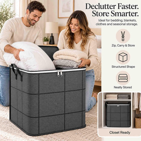 Rock Solid Heavy Duty Foldable Storage Cubes With Secure Snap Lids And Reinforced Carry Handles For Super Roomy Home Organization and Bulky Linen Transport Gear filled with blankets and pillows.