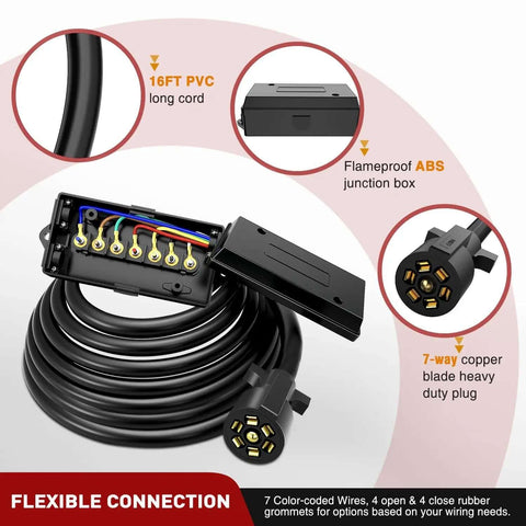 Heavy Duty 7 Way Inline Trailer Plug With 16 Feet Copper Blade Connector Cable Wiring Harness And Weatherproof 7 Pole Junction Box