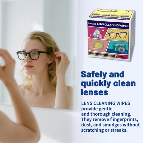 Woman using 300 Count Lens Wipes For Eyeglasses And Sunglasses Premoistened Individually Wrapped Scratch Free Streak Free Quick Clean Eye Glass Cleaner Wipes For Glasses Camera Lenses And Goggles