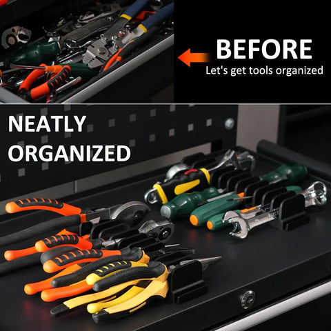 Before and after view using 12 Piece Magnetic Plier Organizer Set For Toolbox And Drawer Modular Tool Holder System For Pro Mechanics And DIYers Keeps Pliers And Hand Tools Neatly In Place In Black