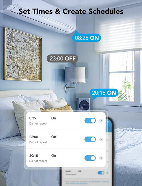 Dual Smart Plug 4 Pack With WiFi Bluetooth Outlet, 15A, Works With Alexa And Google Assistant showing schedule setting app