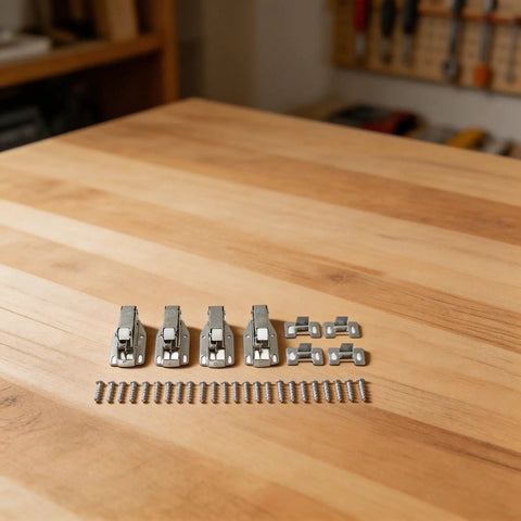 Push To Open Cabinet Latch Set Four Pack, Spring Loaded Door Catch Hardware laid out on wood surface