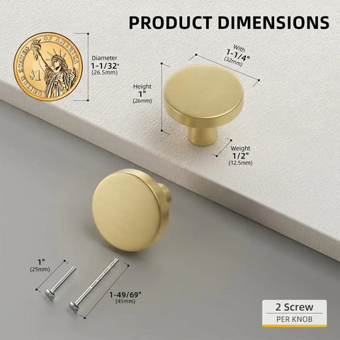 Close-up of 30 Pack Gold Cabinet Knobs For Your Dresser And Drawers Kitchen Hardware Handles Brushed Brass Modern Round Mushroom Knob Zinc Alloy With Two Screws Included, showing dimensions and screws.