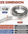 Heavy Duty Stainless Steel Hose Clamp Strap With Six Quick Grip Fasteners For Zero Hassle Adjustments And Rock Tight Pipe Seals That Make Every DIY Job A No Sweat Experience, showing dimensions and materials.