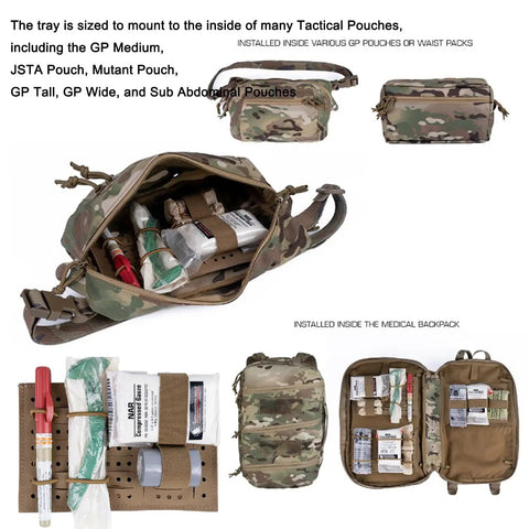 Modular Med Tray Organizer Insert For Backpacks And Utility Pouches Configurable Tray System For Outdoor Gear Tactical Kits And EDC Essentials In Tan Today installed in various tactical pouches showing organized medical gear.