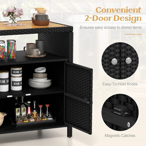 Outdoor Wicker Bar Cabinet With PE Rattan Construction, Durable Acacia Wood Countertop, 2-door design, open shelf view