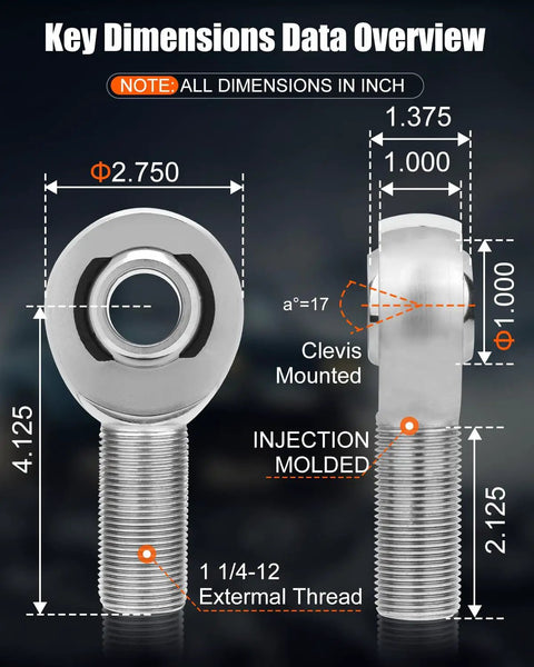 Two Pair One Point Twenty Five Inch Chromoly Steel Heim Joint Rod End Kit dimensions overview with clevis mount and threading data.