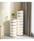 Slick Rotating Corner Shoe Rack, Metal Lazy Susan Storage Tower displayed with plants in a stylish living room setting.