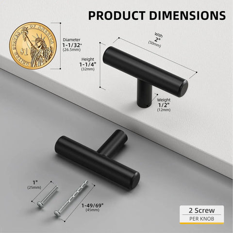 Level Up Your Home Decor With These Badass Matte Black Cabinet Knobs And Drawer Pulls Made From Hella Durable Stainless Steel T Bar Style Handle Design Perfect For Modern Kitchen And Bathroom Renovation Projects 10 Piece Set Included, showing dimensions and screws.