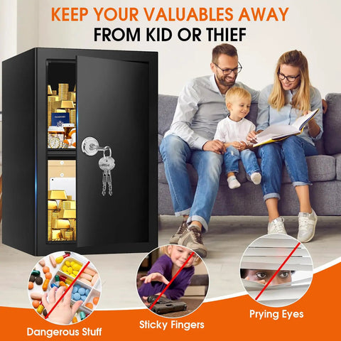 Rugged Steel Fireproof Safe Box With Secure Key Lock And Generous Shelf Space For Safely Stashing Cash Documents And Passports Inside A Stealth Home Vault next to family reading.