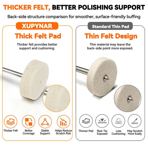 Comparison of thick and thin felt pads for 120 Pcs Buffing Wheels Polishing Kit Rotary Tool Accessories 1 8 Inch Shank Wood Metal.