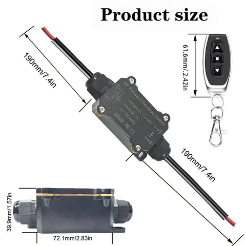 Tough As Nails Wireless Remote Switch For Forward And Reverse DC Motor Control IP67 Waterproof, dimensions with remote.