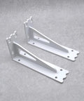 Top Notch 2 Pack Wall Mounted Shelf Brackets Heavy Duty Metal Triangle Supports Built Tough For Wood Boards Quick Install Includes Full Hardware White Finish, close-up view of white brackets.